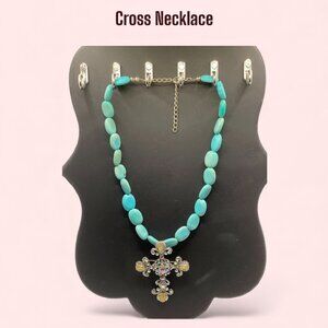 Turquoise Necklace Cross Crystal Pendant Statement 16”